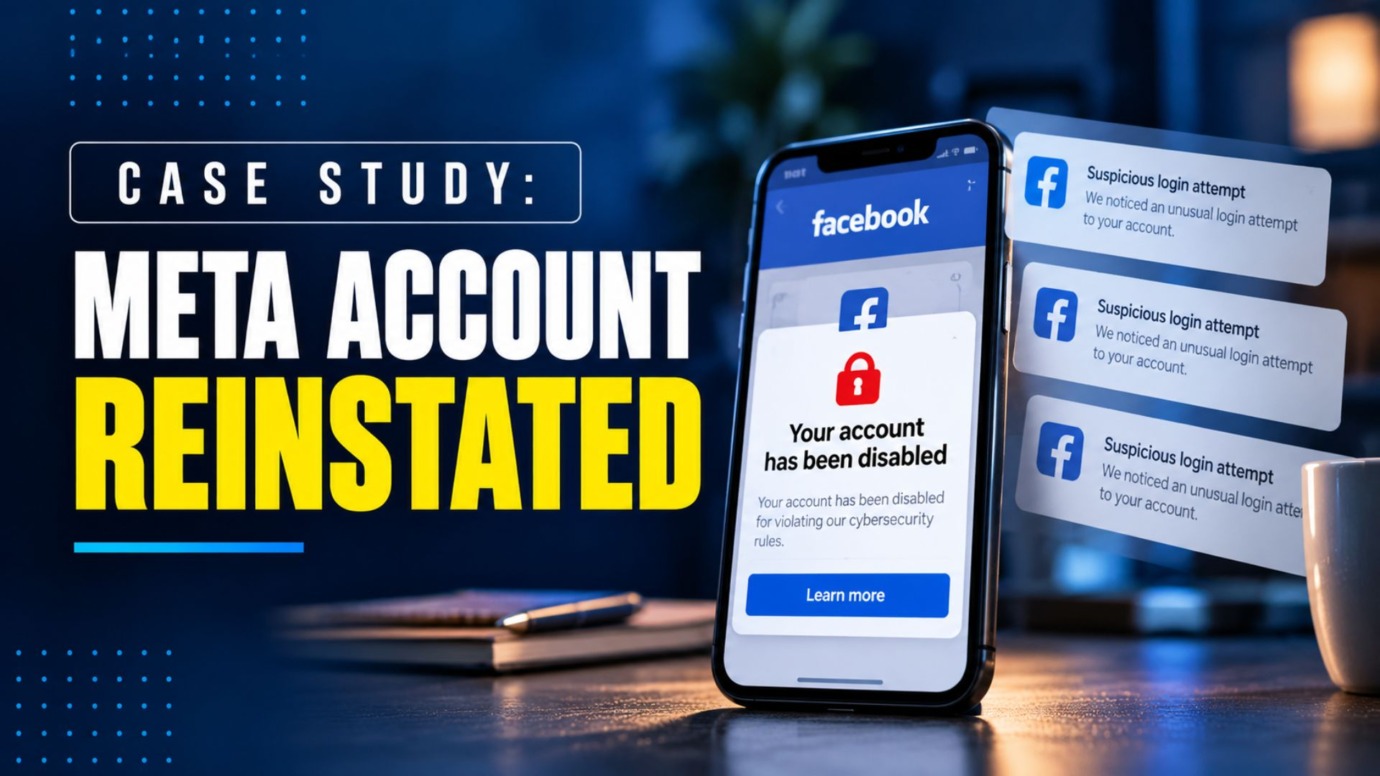 Case study cover showing a disabled Facebook account and suspicious login alerts, highlighting how Cabilly & Co. helped restore a business owner's account after a wrongful suspension.