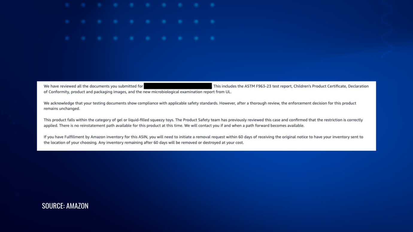 Amazon acknowledges squeezy toy test reports show compliance but keeps the block, with no reinstatement path available