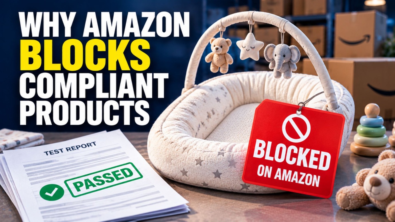 Baby lounger with a Blocked on Amazon tag beside a passed safety test report, illustrating Amazon's restrictions on compliant baby products.