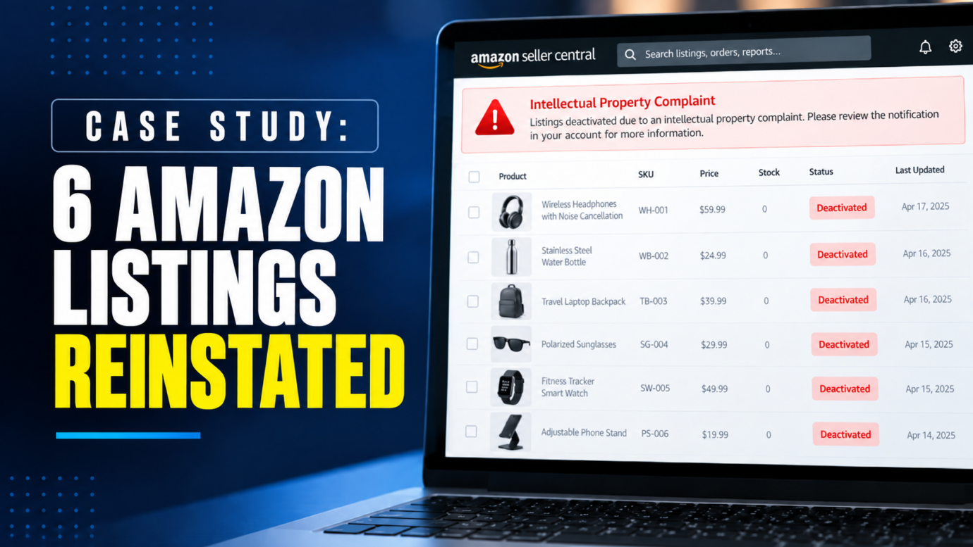 Case study showing how six Amazon product listings deactivated following an intellectual property complaint were reinstated after federal court action.