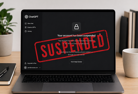 Suspended OpenAI ChatGPT account displayed on a laptop screen