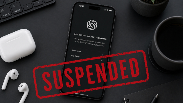 ChatGPT account suspension notice displayed on a smartphone with a red Suspended stamp